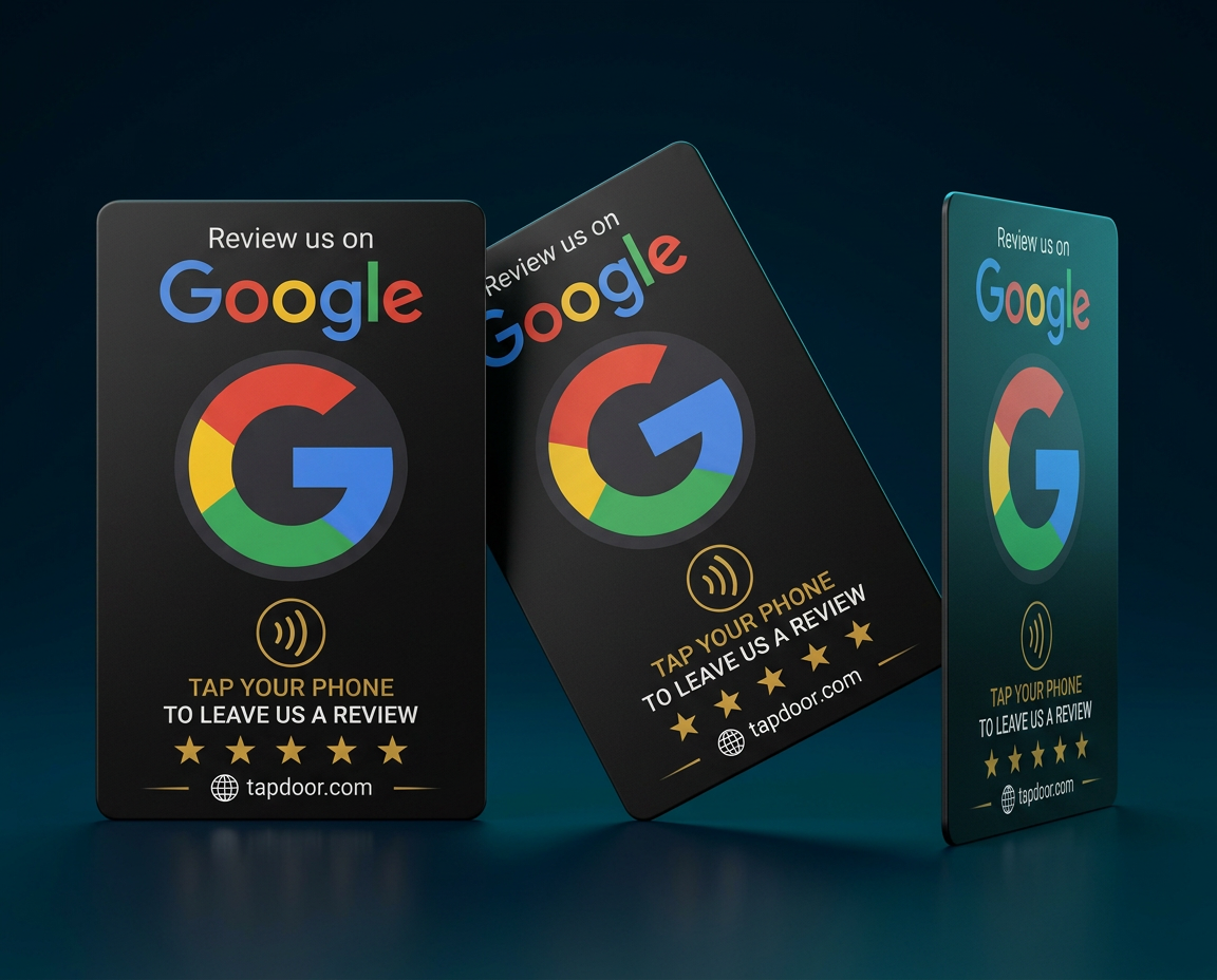 Three TAPDOOR NFC review cards shown from different angles